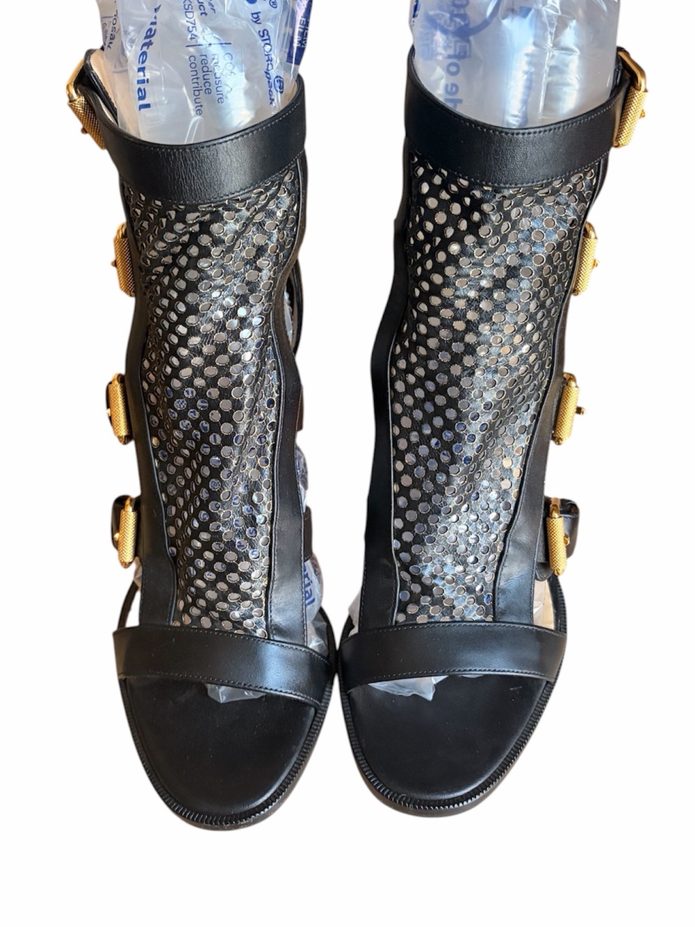 Christian Louboutin Fencing Black & Gold Perforated Leather High Heel Sandals - Picture 3 of 8